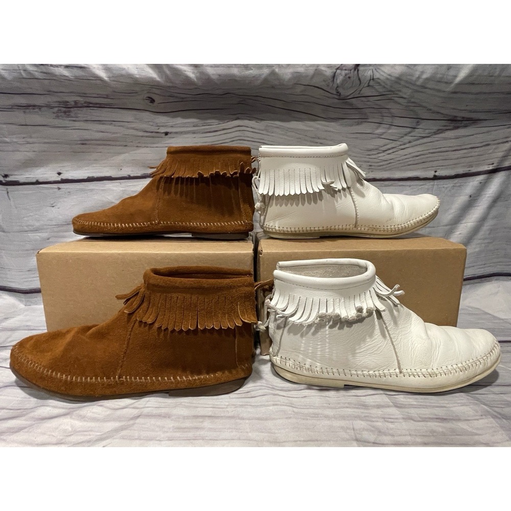 2 Minnetonka Moccasins VTG Women US Sz 8.5 Talon Zipper 60s 70s Fringe USA Made